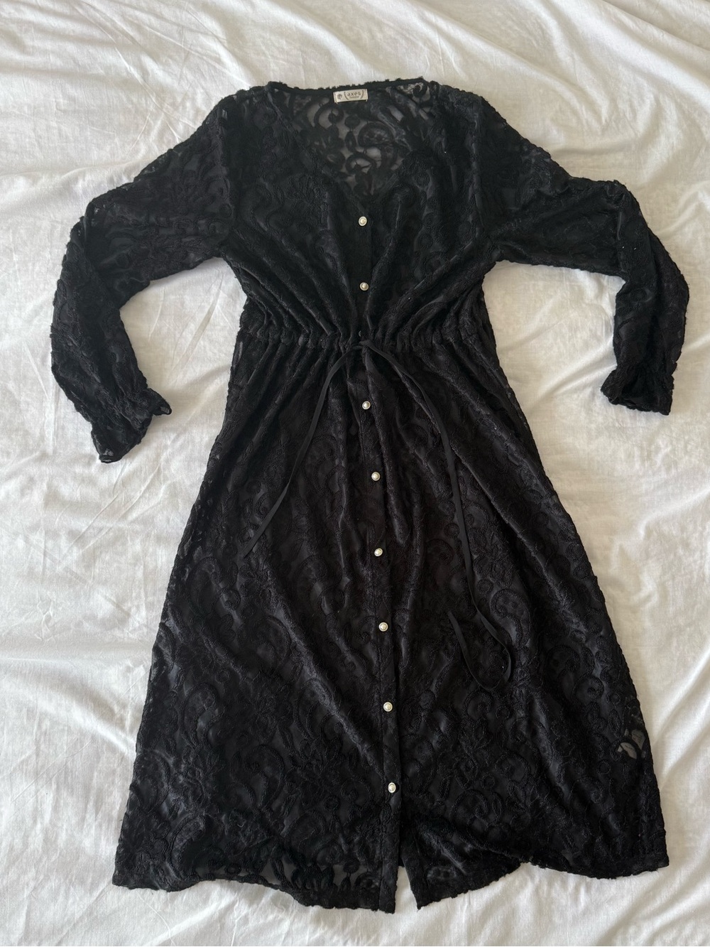 Axes Femme Black Lace Button-Front Robe with Drawstring Waist